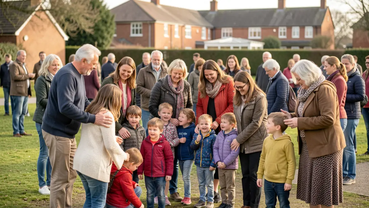 A diverse group of adults and children in a supportive community setting, representing kinship families.