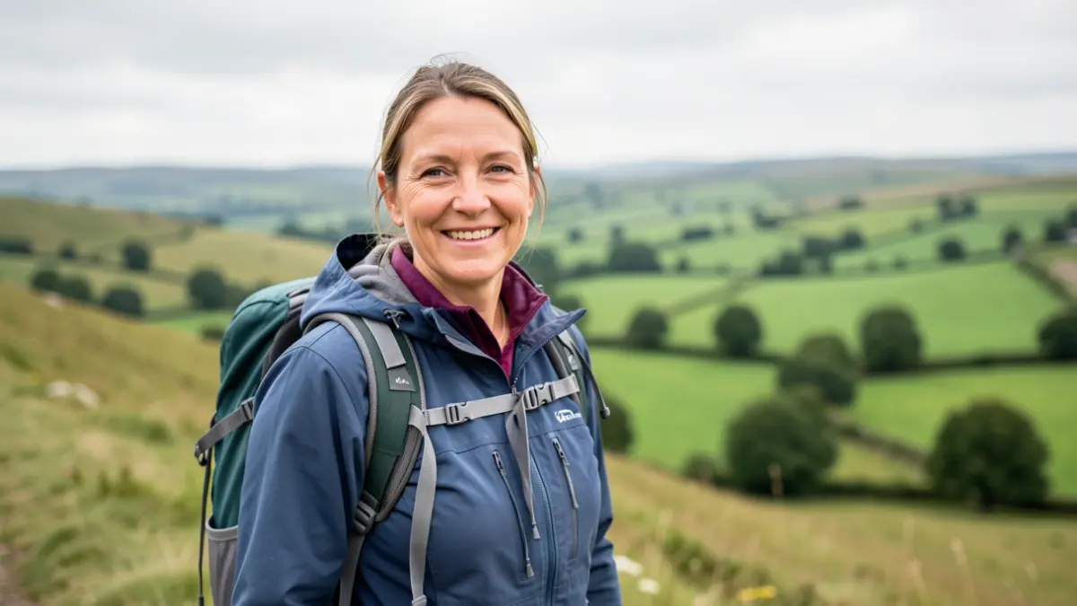 Generic image of a woman enjoying a hike in a green, rolling landscape.