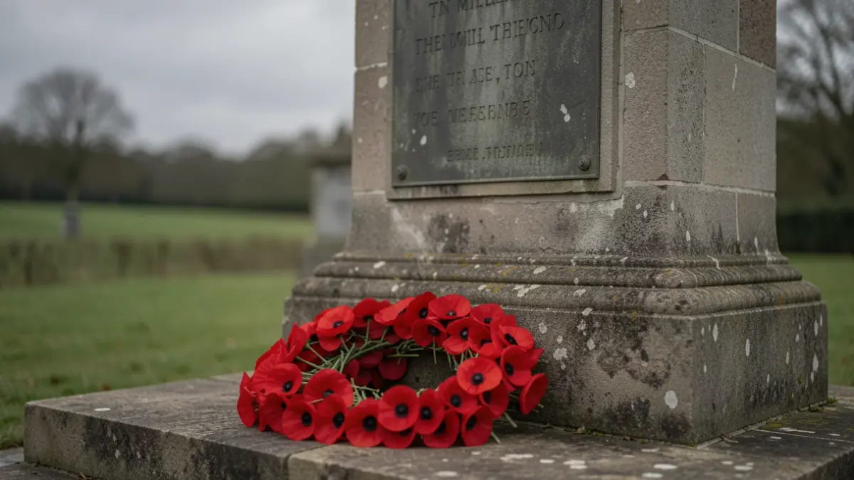 Generic image of a war memorial with a wreath, under an overcast sky.