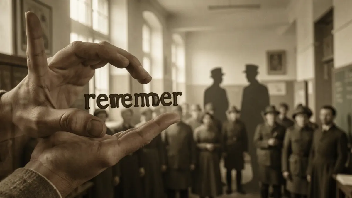 Generic image of hands signing 'remember' with historical, blurred background elements.