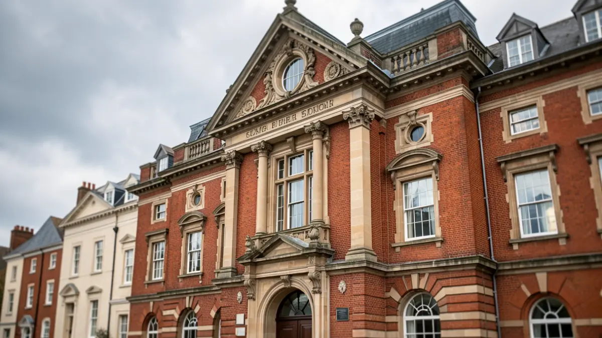 Generic image of a red-brick town hall building with ornate detailing under an overcast sky.