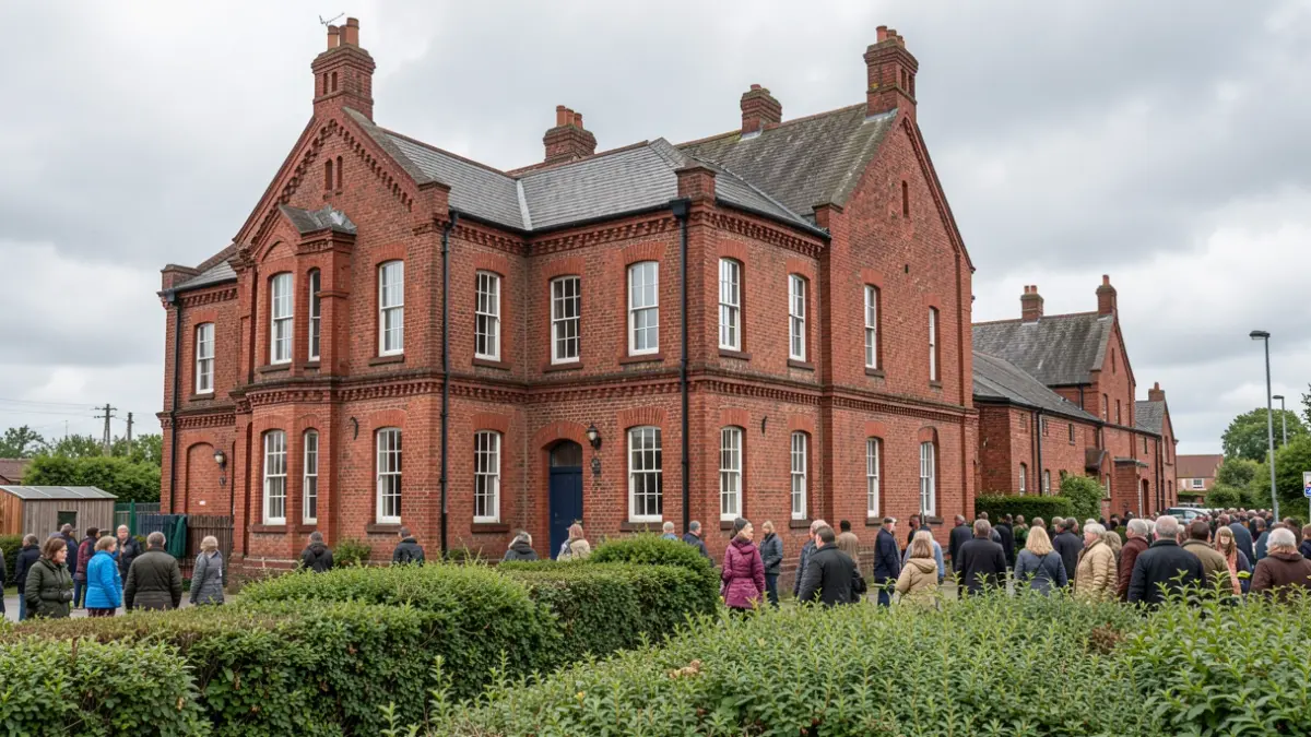 Generic image of a red-brick building with overcast skies and green hedgerows.