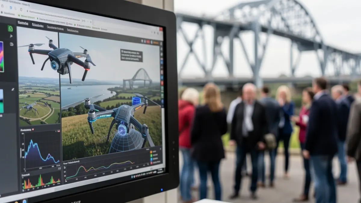 Generic image of advanced drone sensors and AI data analysis interface on a computer screen, with blurred industrial bridge structures in the background.