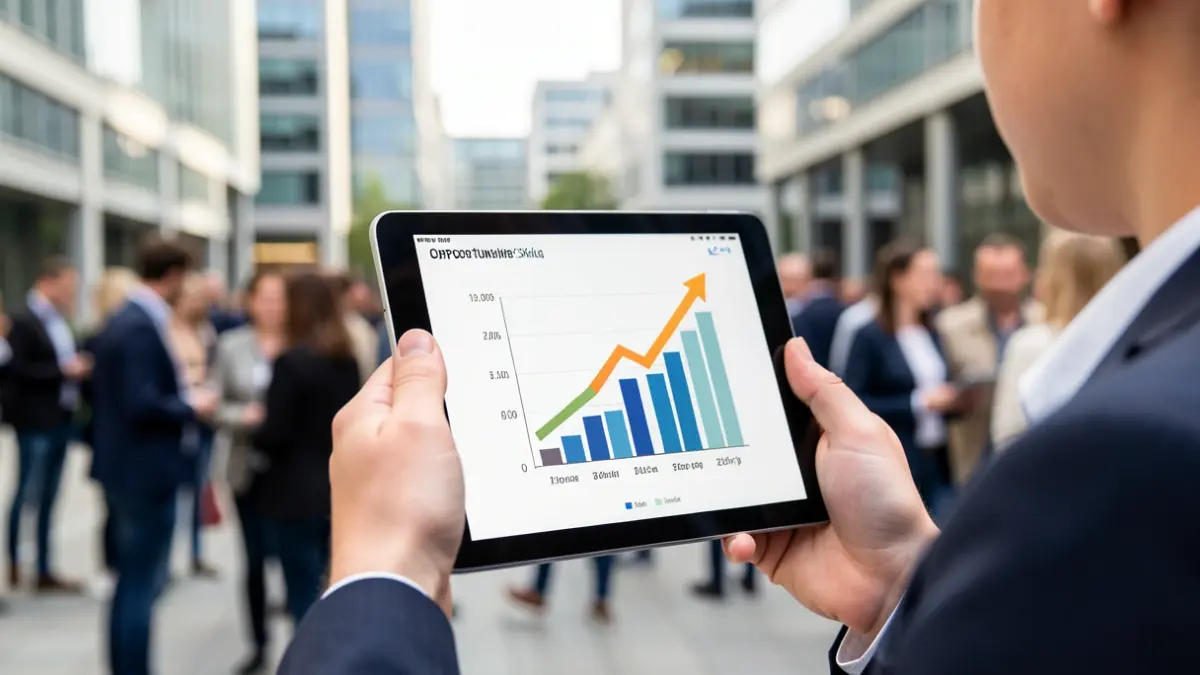 Generic image of a young person using a tablet with a progress graph, in an office setting.