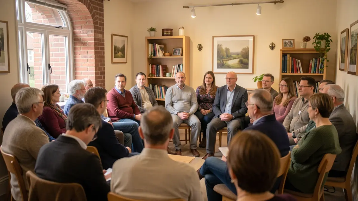 Generic image of a diverse group of adults in a community meeting room, listening attentively. Soft, natural light and red-brick architecture are visible.