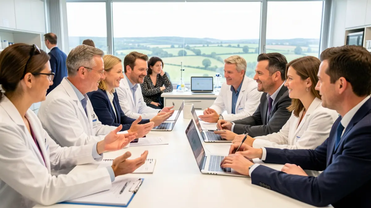 Professionals collaborating in a modern lab setting with East Midlands landscape visible.