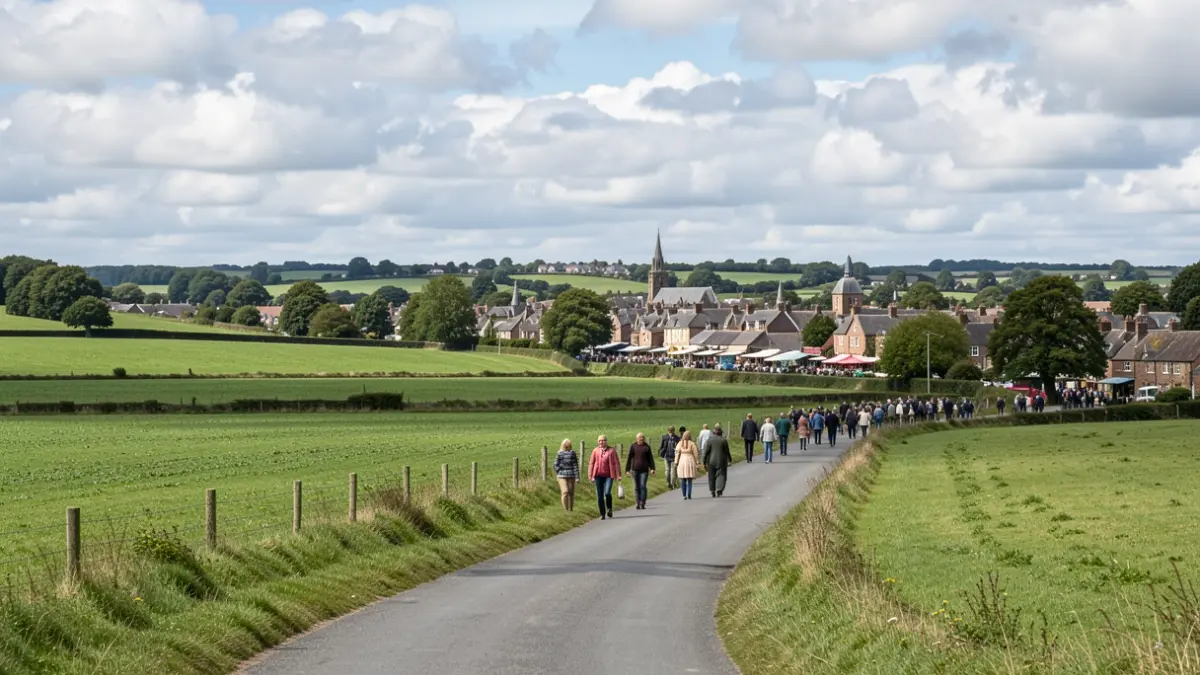 Generic image of rolling green countryside with a road and a distant town.