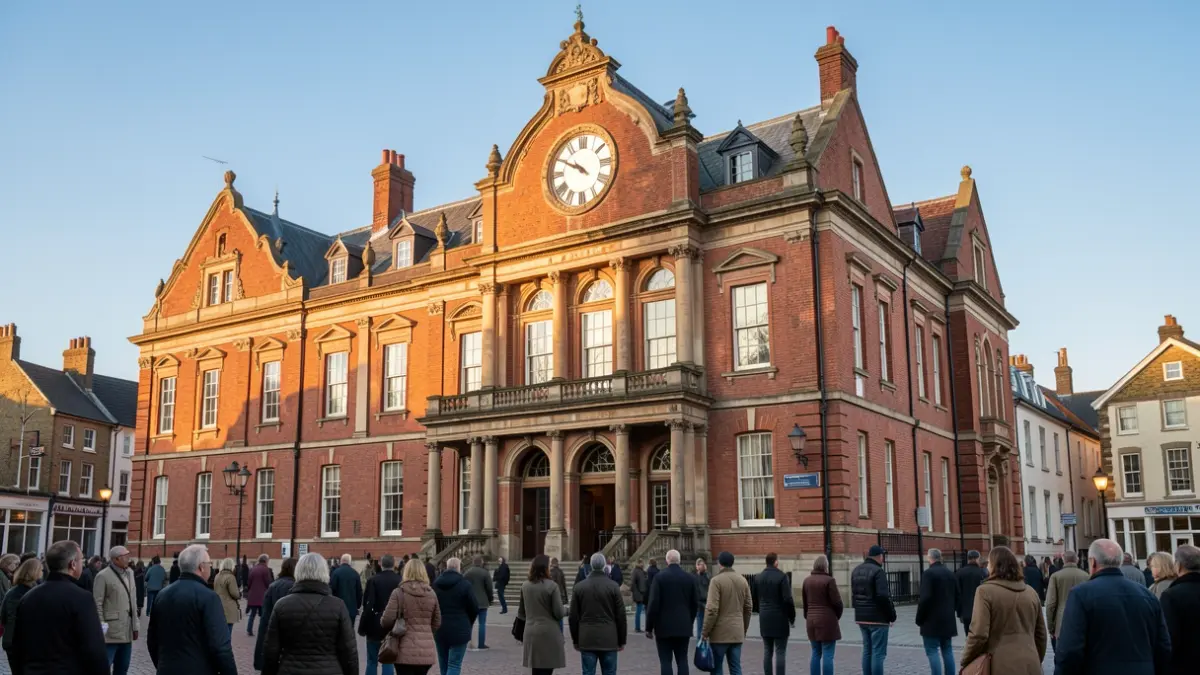 Generic image of a red-brick town hall building with ornate details and a clock face, under a blue sky.