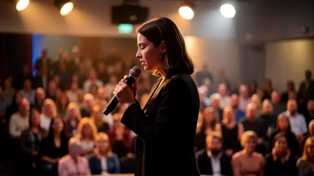 Generic image of a singer performing on a stage in a television studio.