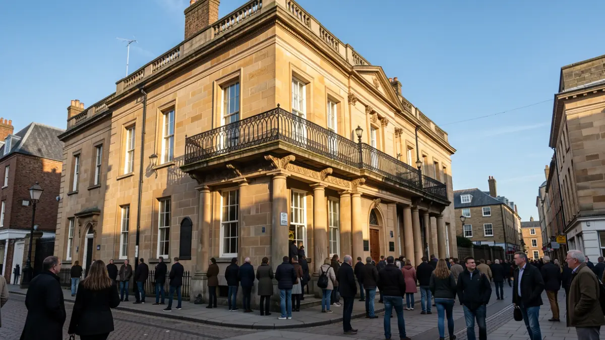 Generic image of a traditional town hall facade with an ornate balcony and iron railings, in warm afternoon sunlight.