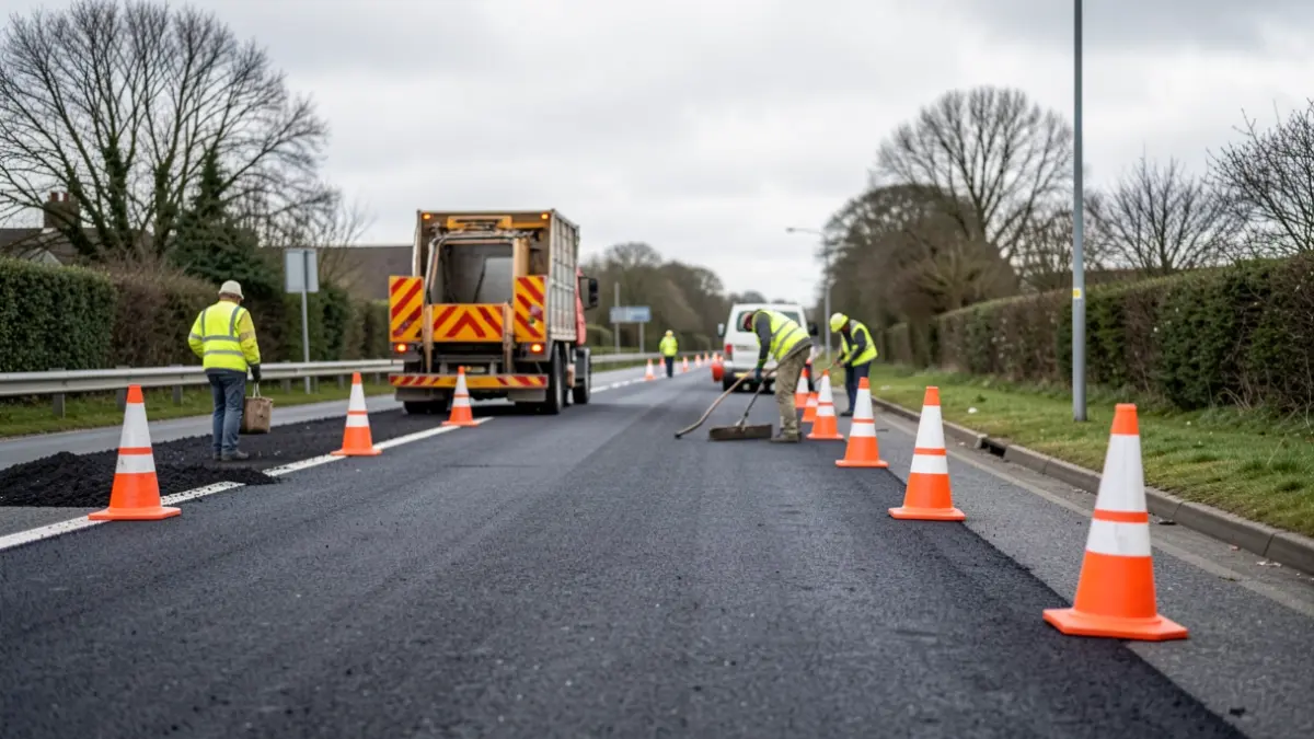 Roadworks on Freiston Road in Boston, Lincolnshire, with traffic cones and workers.