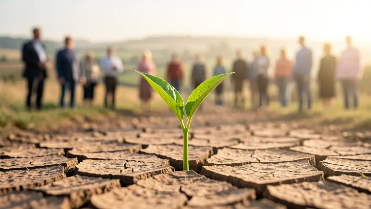 A green shoot growing from dry earth, symbolizing mental health recovery and hope.