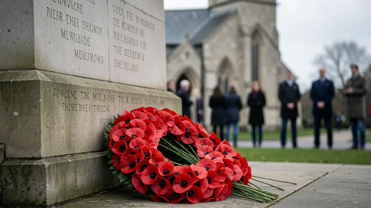 Generic image of a war memorial with poppies and a blurred church in the background.