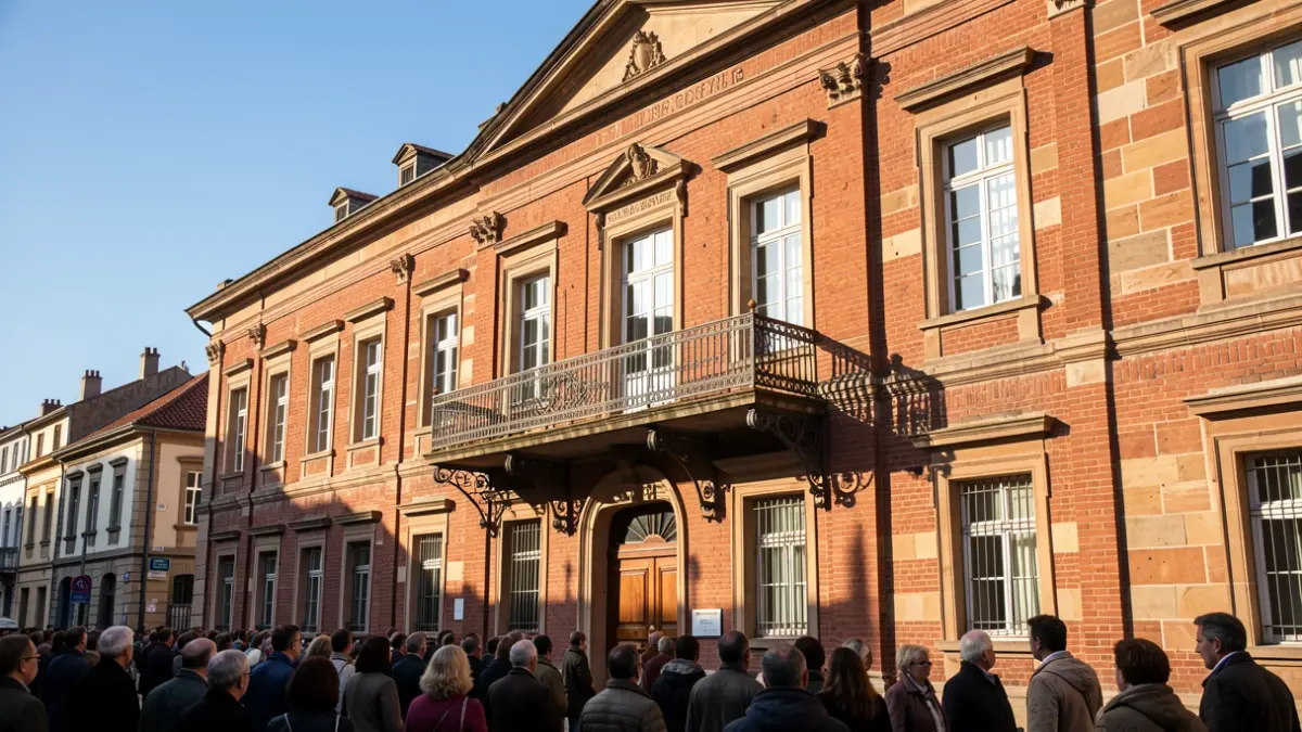 Generic image of a red-brick town hall facade with an ornate balcony and iron railings, bathed in warm afternoon sunlight casting distinct shadows on the sandstone walls. A clear blue sky is visible above.