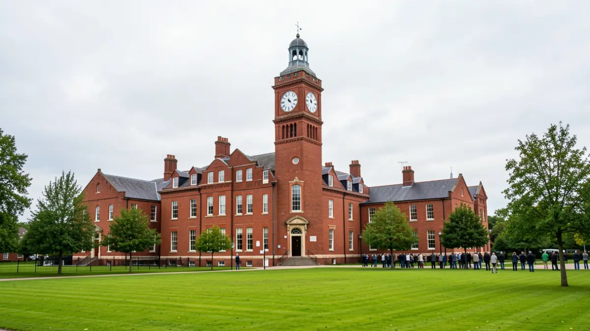 Generic image of a red brick town hall building with a clock tower under a cloudy sky.