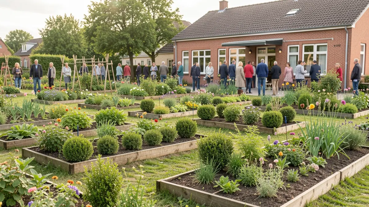 Generic image of a newly revitalised community garden with colourful flower beds and a community centre in the background.
