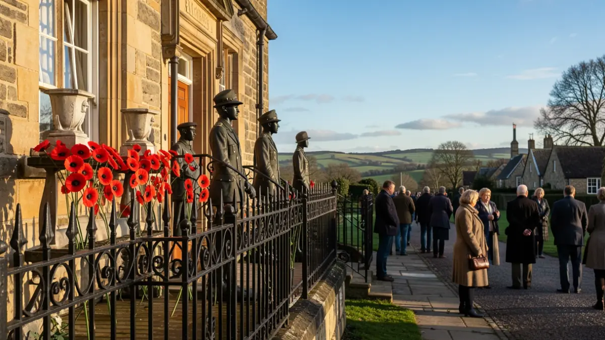 Generic image of remembrance poppies and wartime silhouette figures displayed outside a stone building.