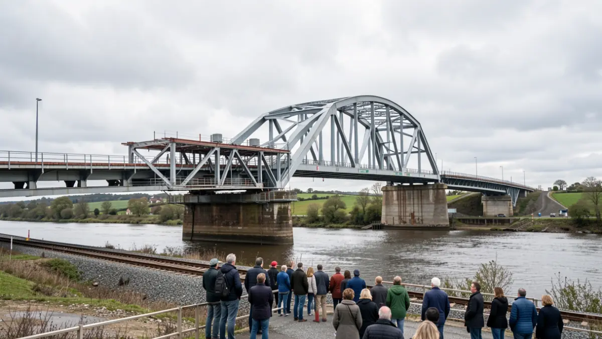 Generic image of a large steel bridge under construction over a river and railway line.