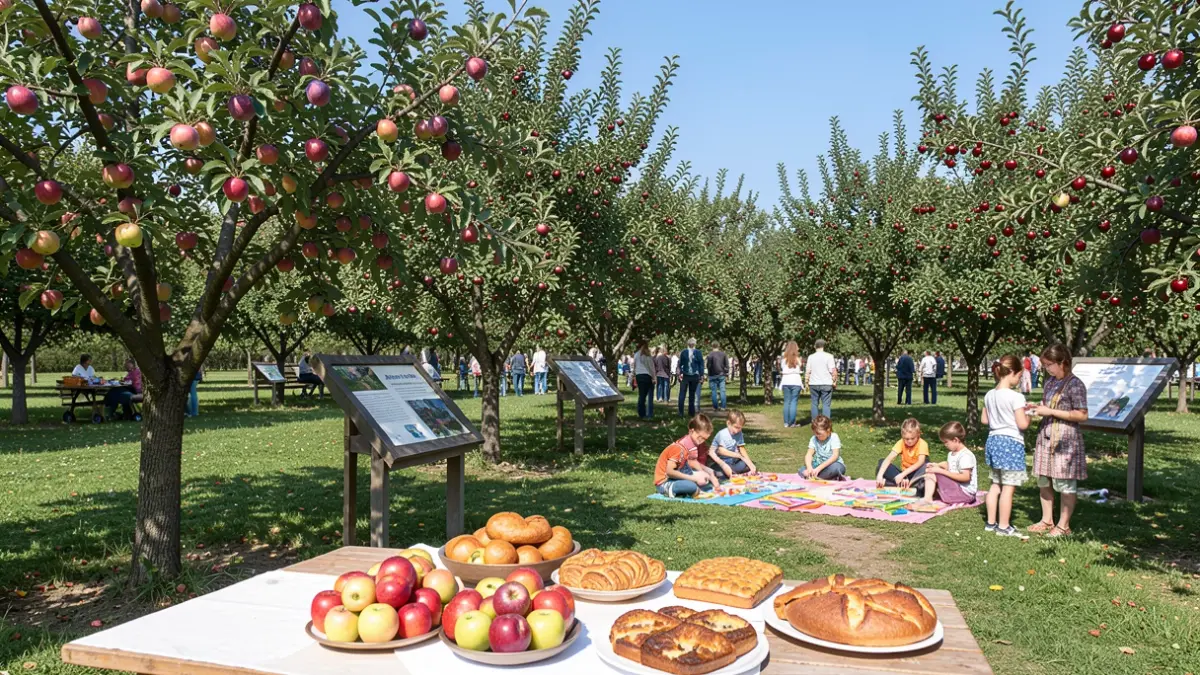 Generic image of a heritage orchard with apple trees, a tasting table, and activities for children.