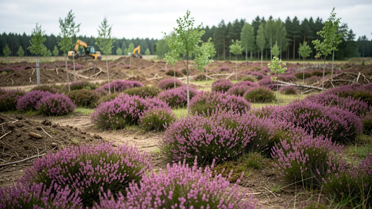 Heathland restoration work in Lichfield District, showing cleared scrub and surviving heathland plants.