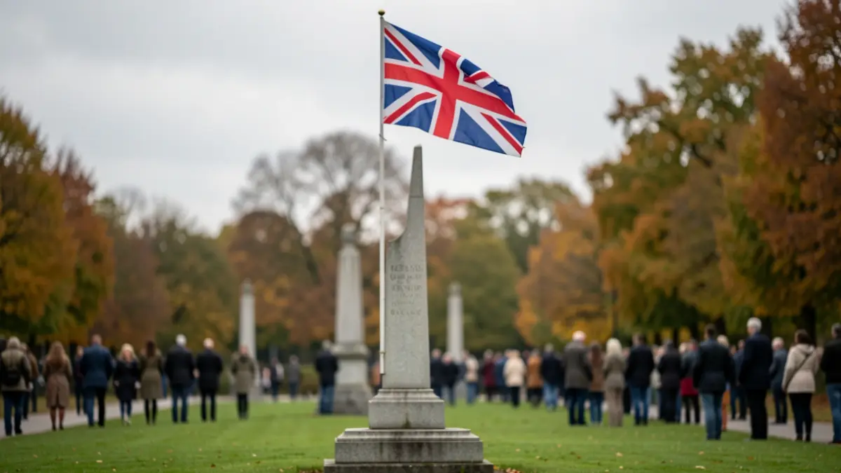 A war memorial with a British flag on an overcast day.