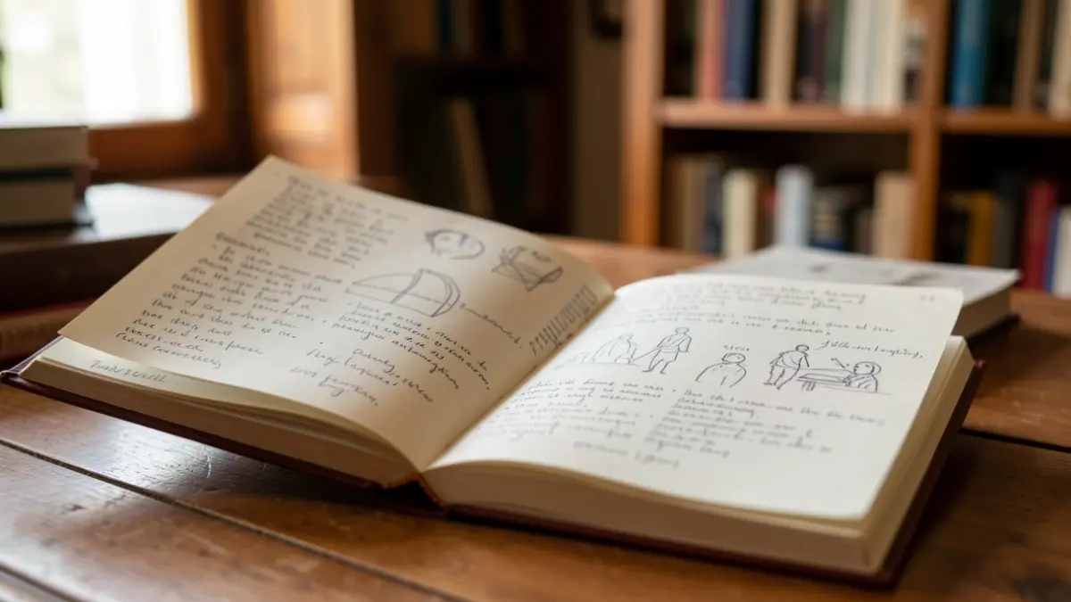 Generic image of an open book with handwritten notes and sketches on a wooden table.