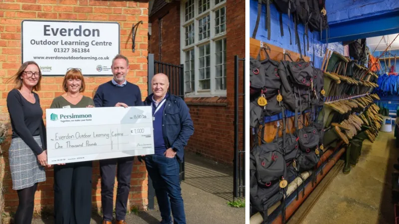 Left side is 4 people presenting a £1000 cheque to Everdon outdoor learning centre, outside its brick building. Right side shows bags and wellies hung up along a wall.