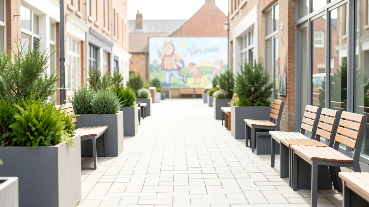 Revitalised Central Walk in Hucknall, featuring new paving, seating, planters, and a mural.