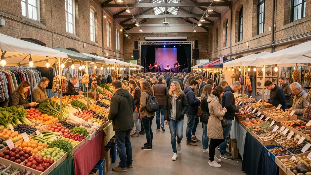 Generic image of a vibrant indoor market with stalls and shoppers.