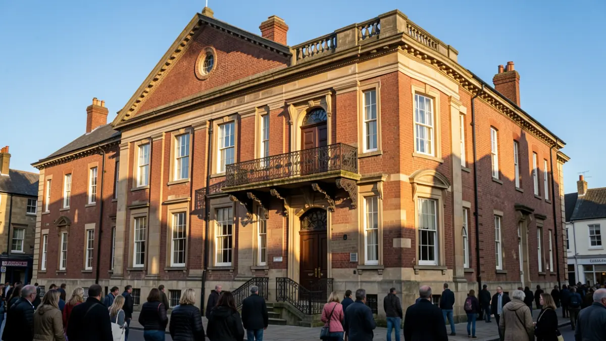 Generic image of a traditional town hall facade with an ornate balcony and iron railings, under warm afternoon sunlight and a blue sky.
