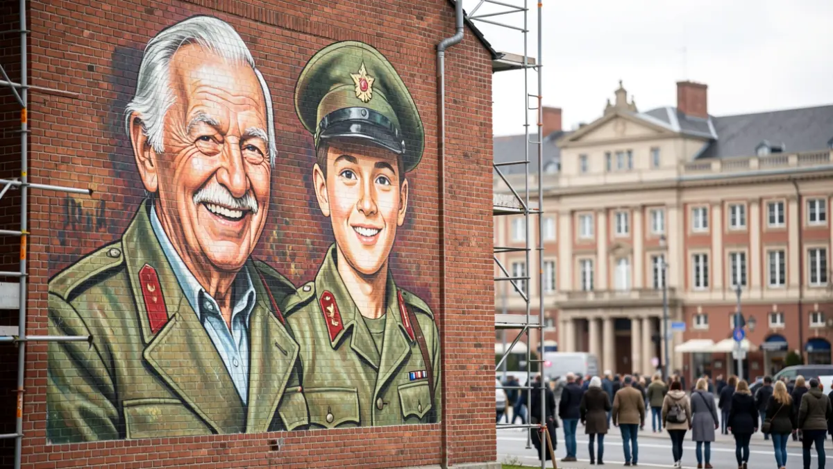 Generic image of a large mural on a red-brick building, depicting historical figures and street elements.