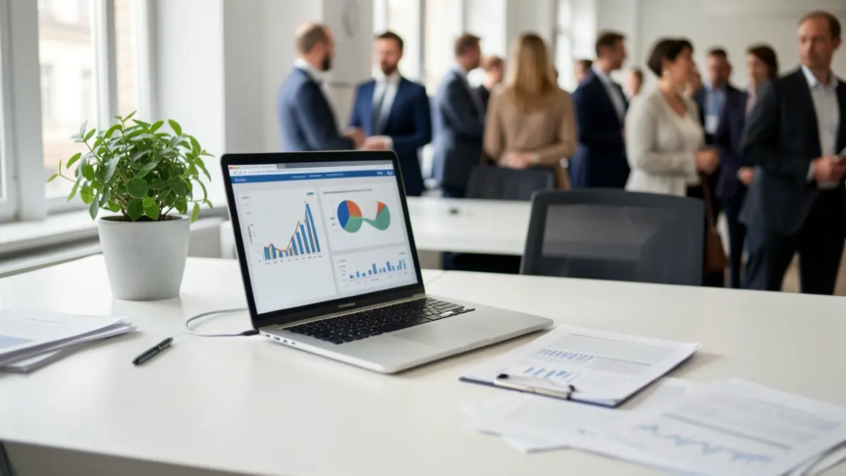 Generic image of a desk with a laptop showing charts and graphs, in a well-lit office.