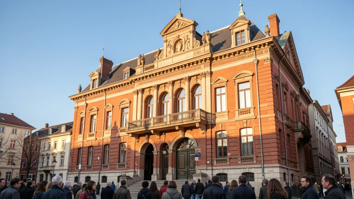 Generic image of a red-brick town hall with a balcony under a blue sky.