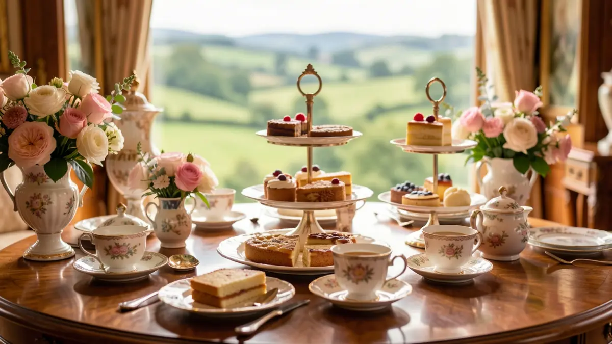 Generic image of a regal afternoon tea setting with teacups and cakes.