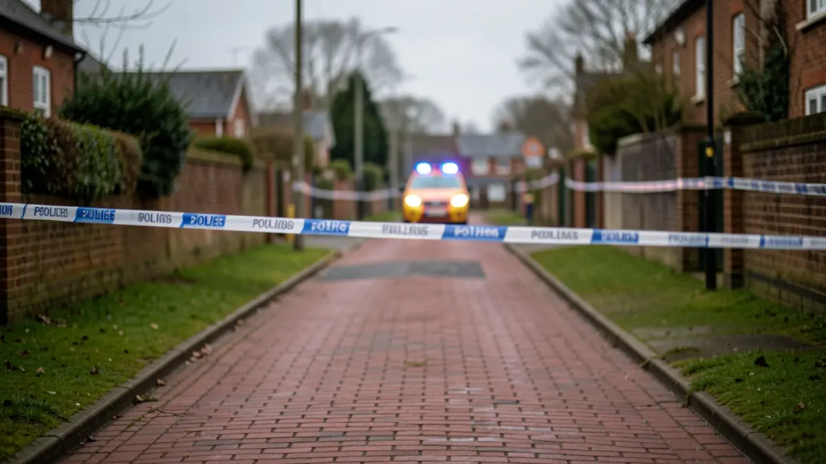 Generic image of a road closure with police tape and blurred emergency lights.