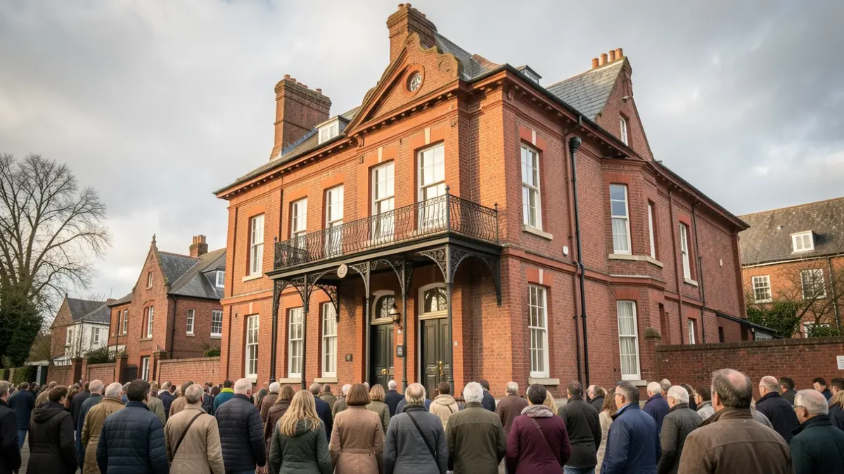 Generic image of a red-brick Victorian building with an ornate balcony under an overcast sky.