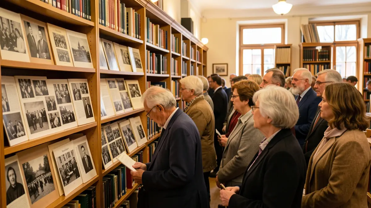 Generic image of a diverse group of people looking at historical displays in a library setting.