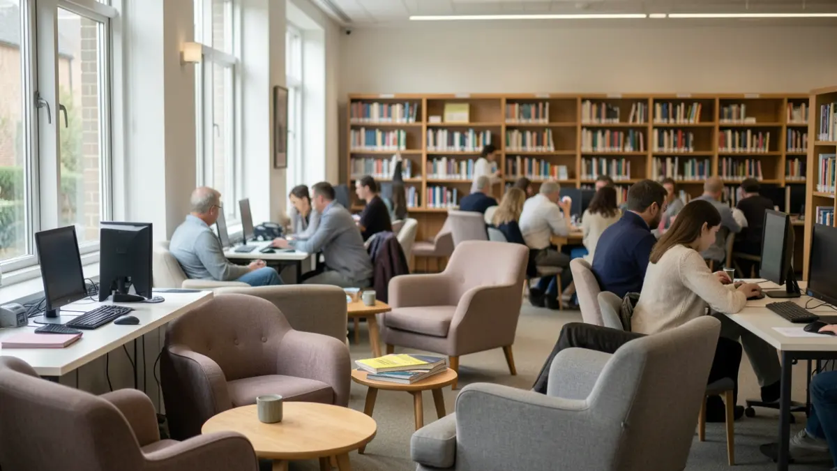 Generic image of a modern library interior with computers and seating, bathed in natural light.