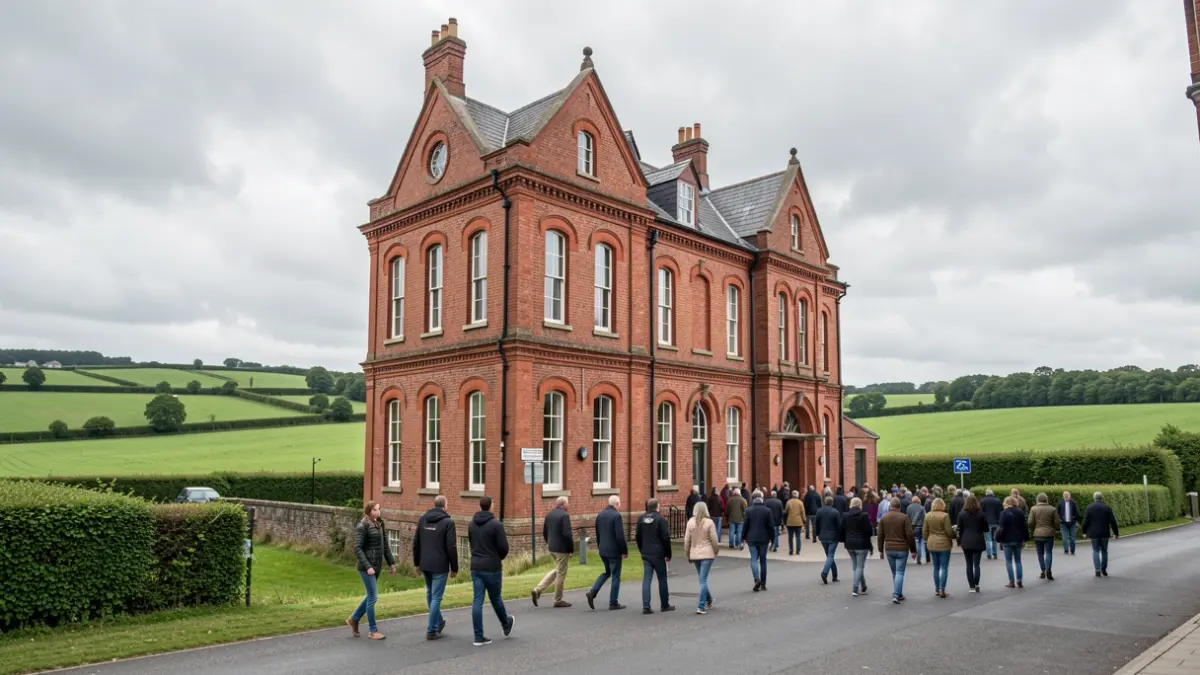 Generic image of a red-brick building with green fields under an overcast sky.
