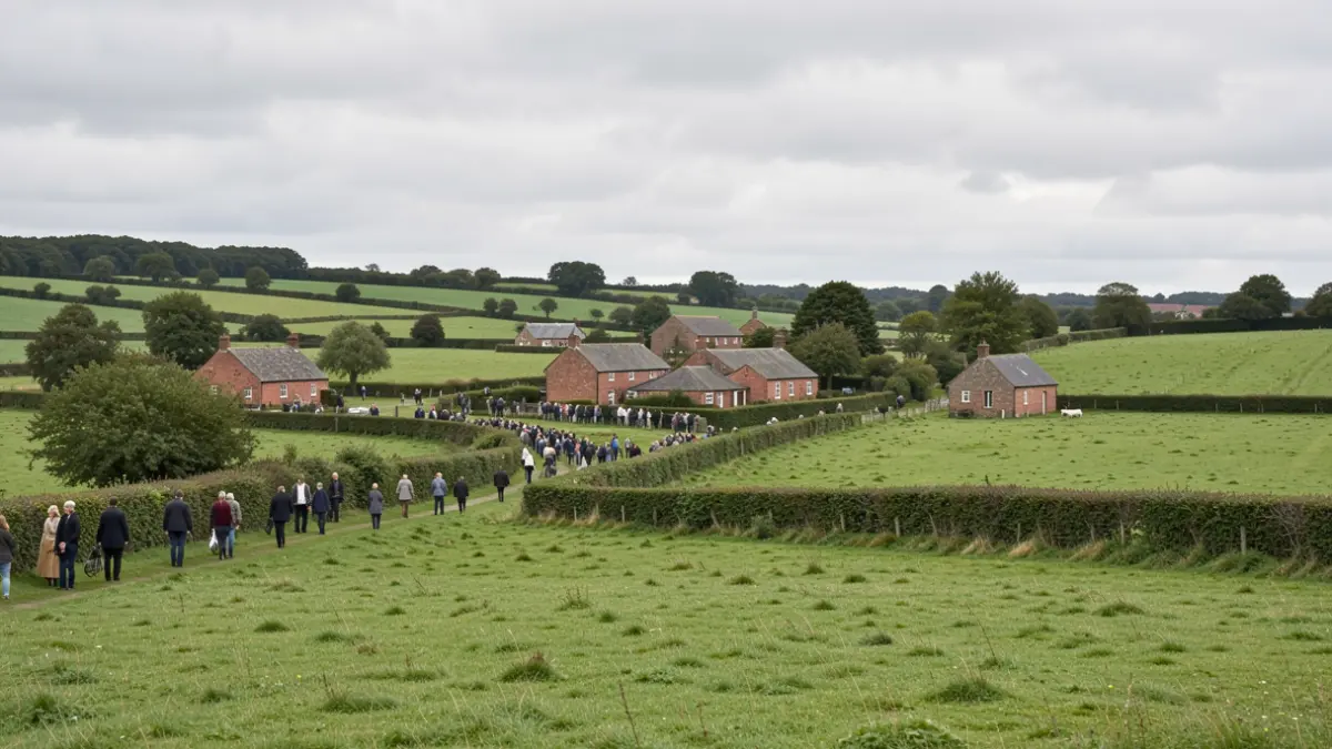 Generic image of rolling green countryside in the UK with scattered farm buildings under an overcast sky.
