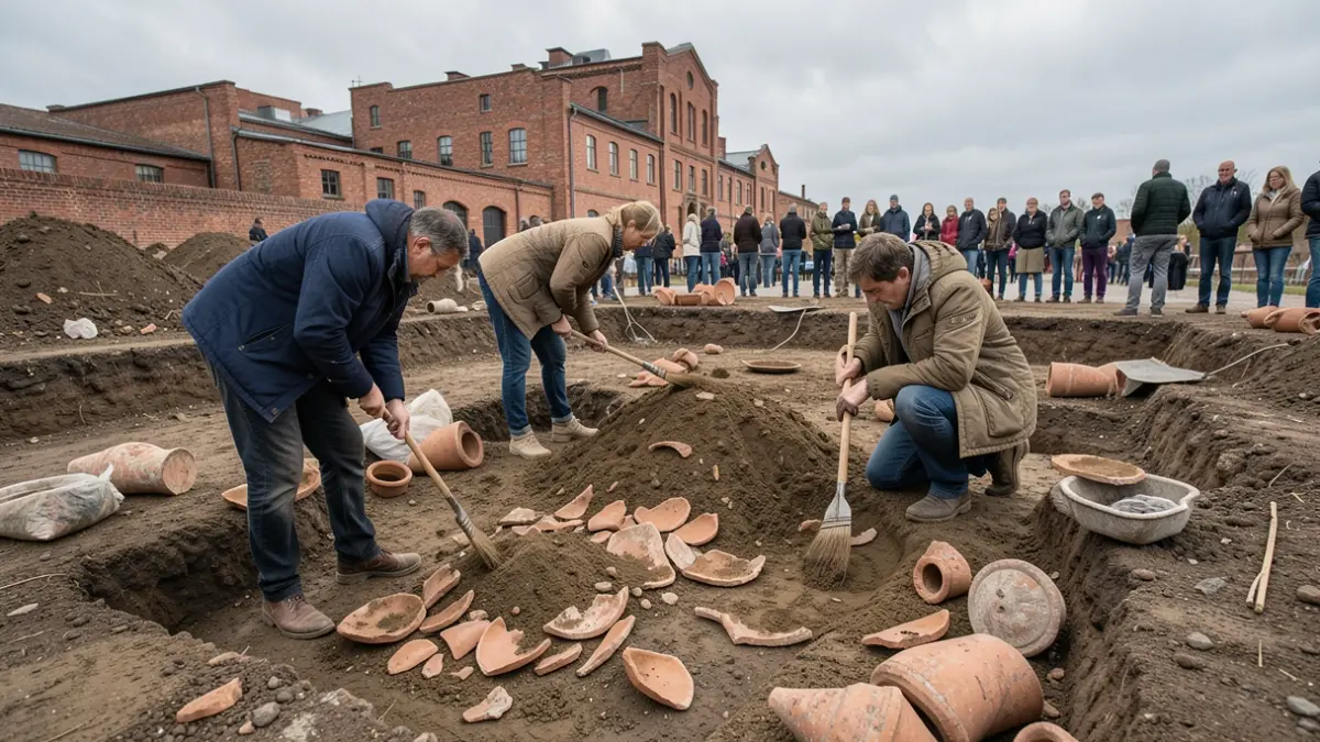 Generic image of an archaeological dig with volunteers uncovering pottery shards and artefacts.