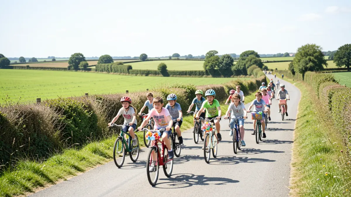 Children and teenagers cycling on a road in Lincolnshire during Cycle to School Week.