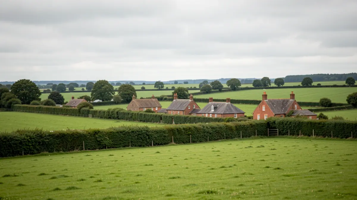 Generic image of rolling green countryside in Lincolnshire, UK, with scattered red-brick farmhouses and hedgerows under a temperate, overcast sky.