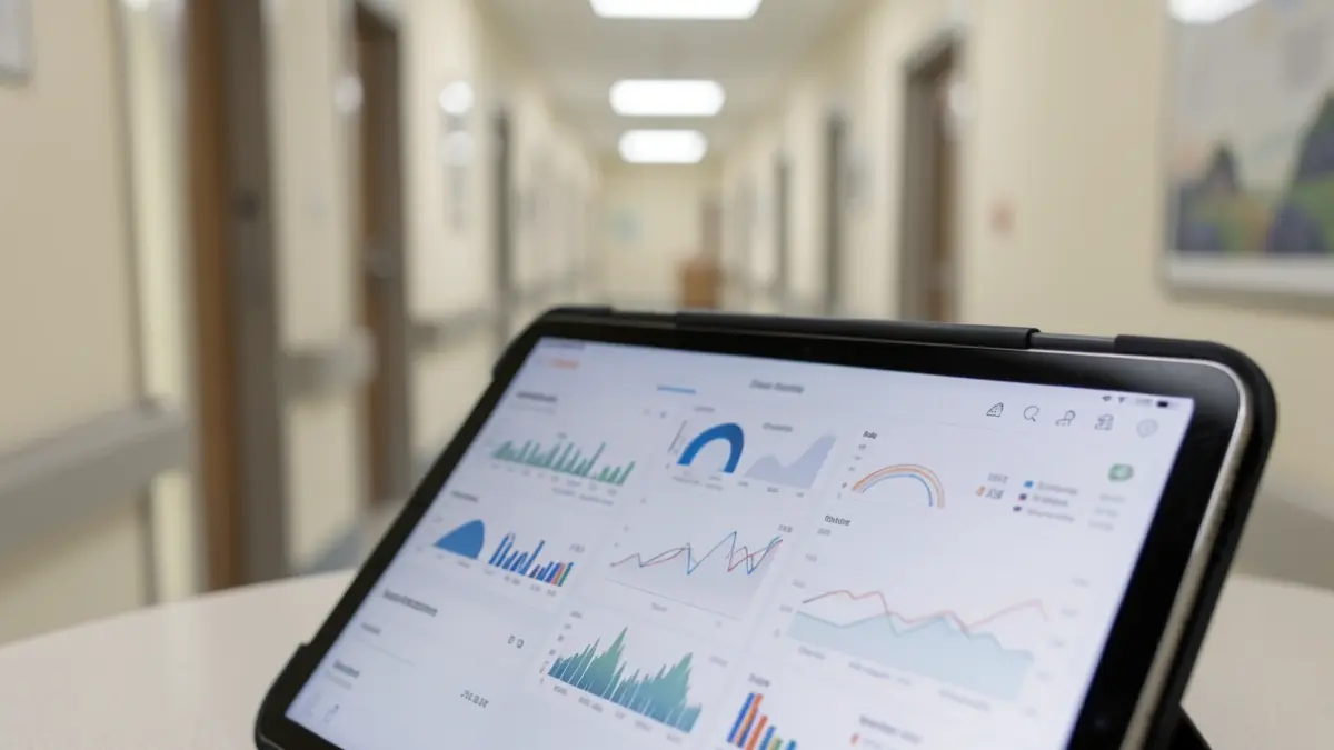 Generic image of a digital tablet screen displaying abstract medical data and charts, with a blurred background of a hospital corridor.