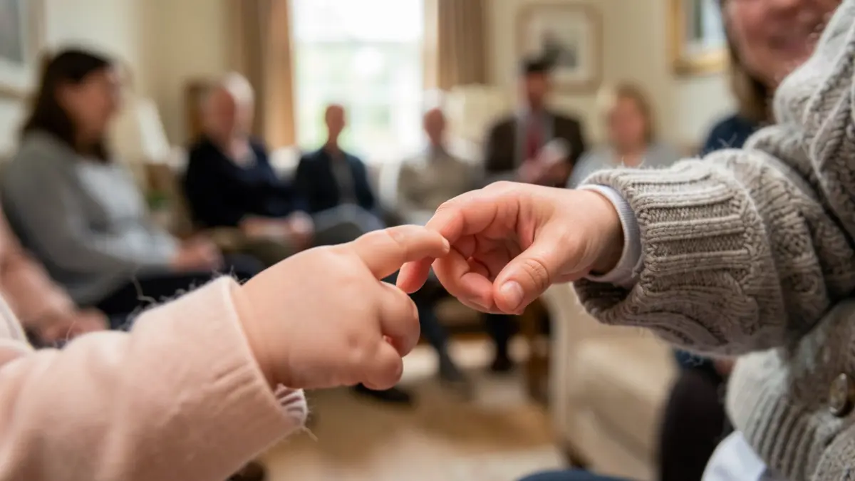 Generic image of a baby's hand holding an adult's finger, with a blurred background.