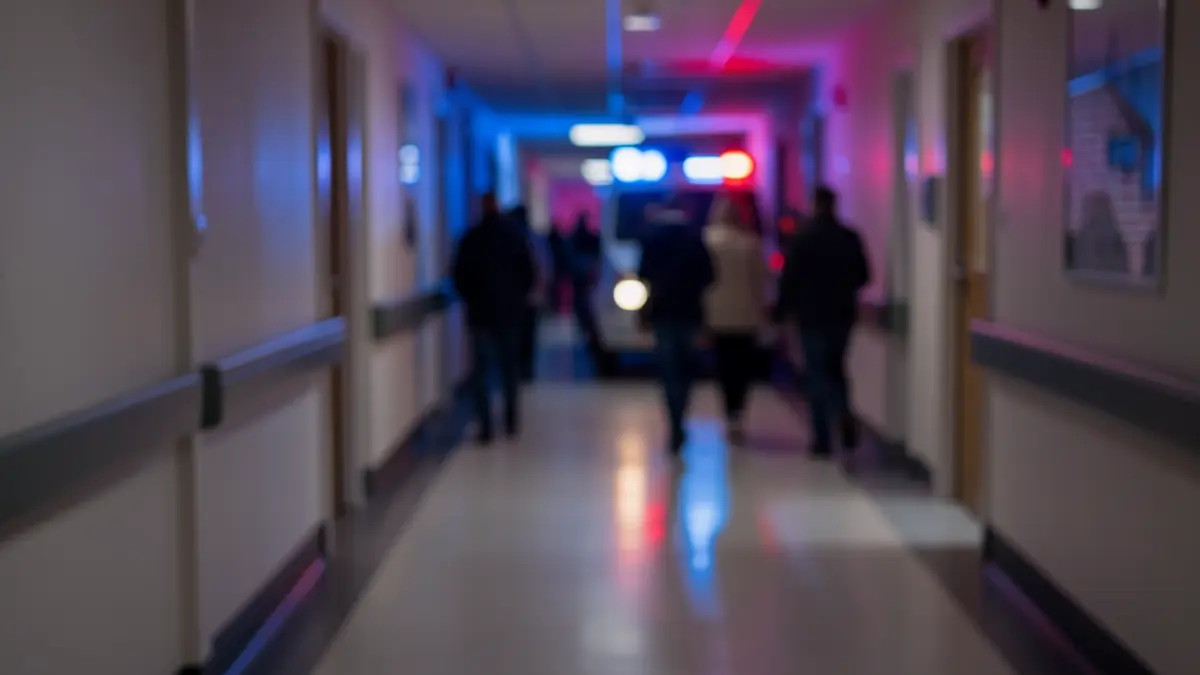 A dimly lit hospital corridor with emergency lights reflecting on the floor, symbolising preparedness for winter pressures.