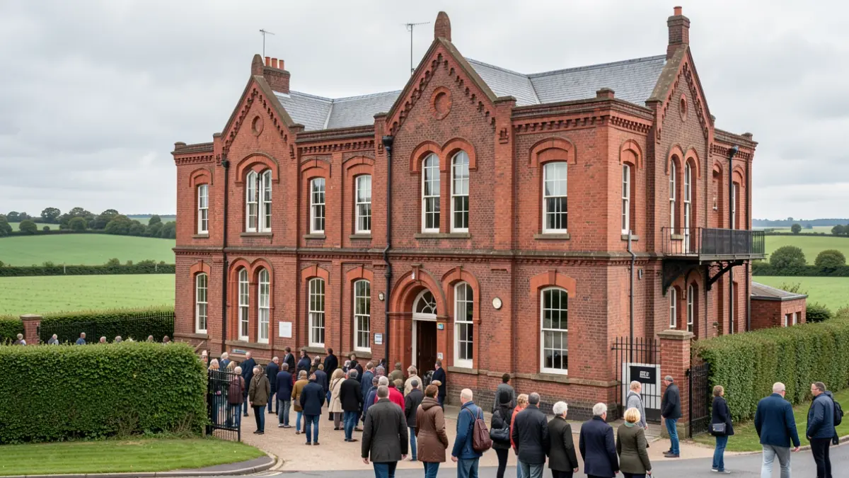 Generic image of a red-brick building facade with green fields under an overcast sky.
