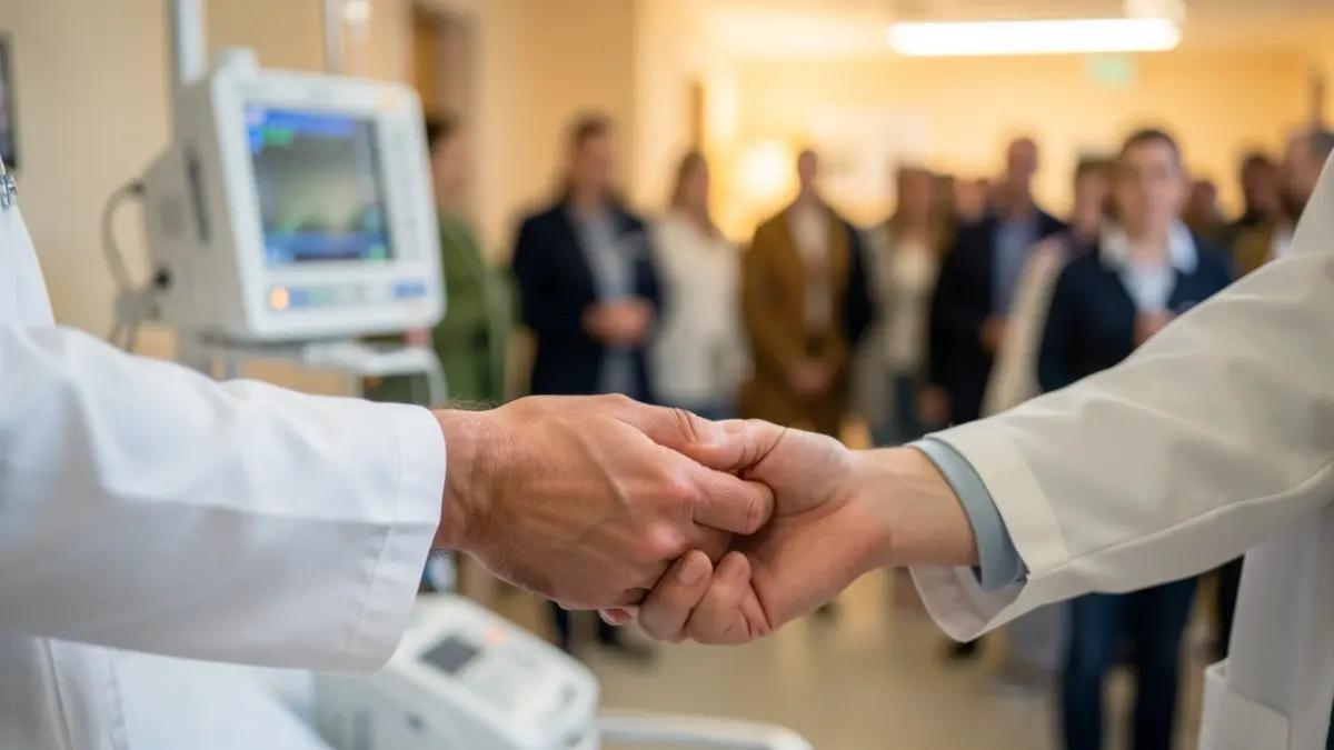 Close-up of a nurse's hands holding a patient's hand in a hospital setting, symbolising care and recovery.