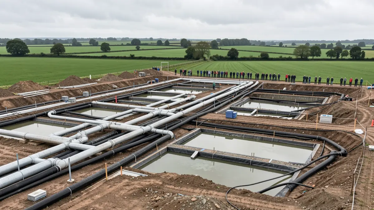 Generic image of large-scale civil engineering works featuring drainage pipes and ponds in a rural setting.