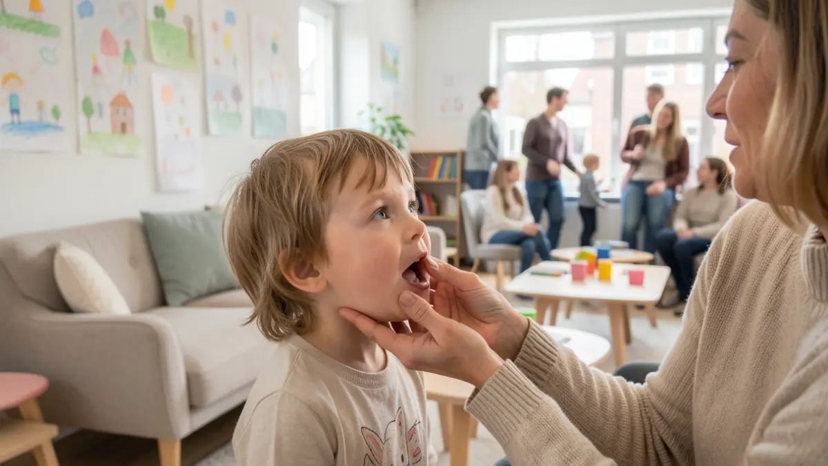Speech therapist assisting a child with language development in a family hub.
